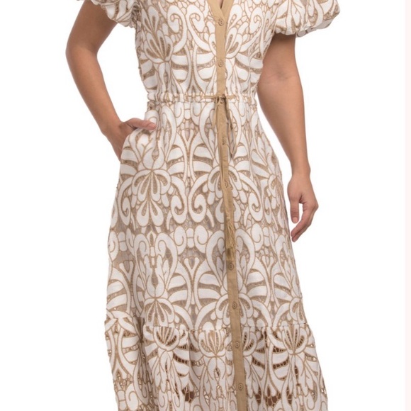 Solitaire Dresses & Skirts - Solitaire White and Gold Lace-Effect Maxi Dress